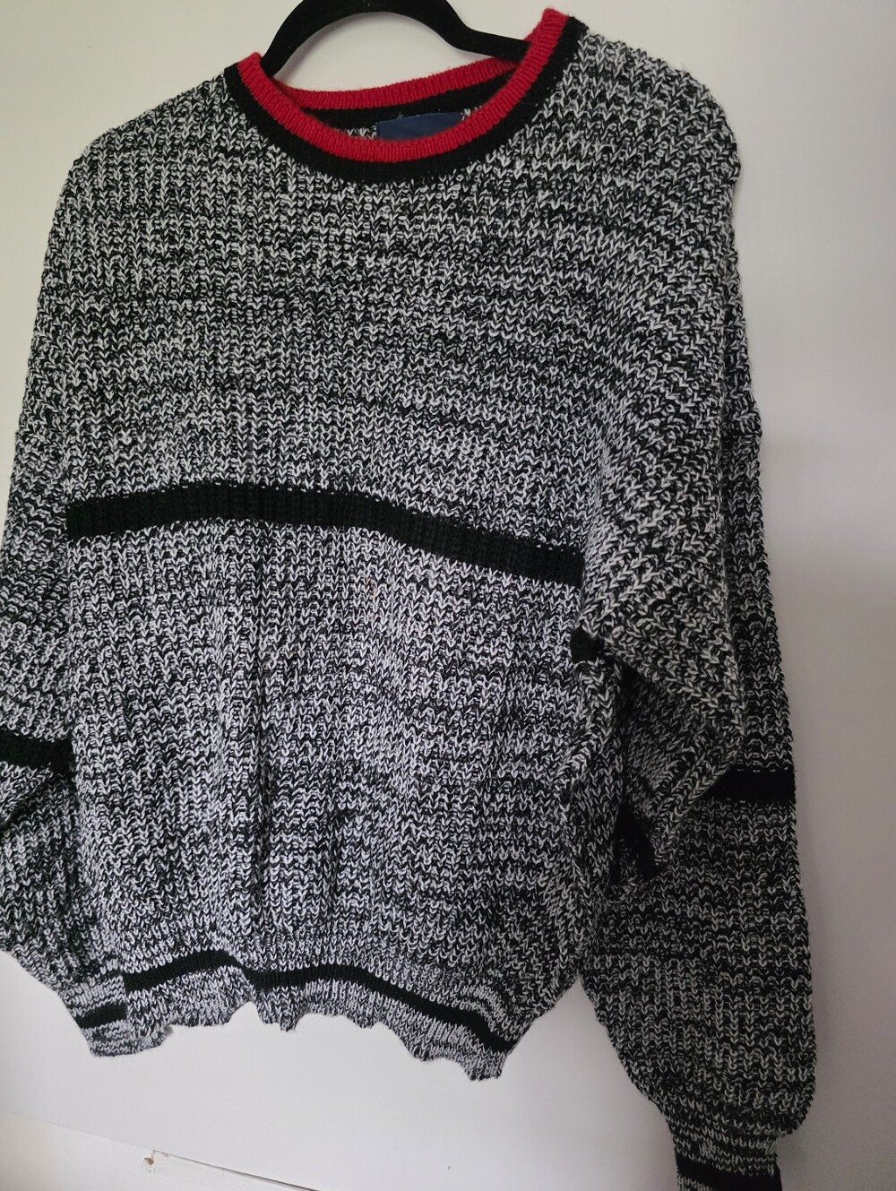 Vintage Mens Dad Sweater Black and White Marled Acrylic Red Accent Grandpa XL